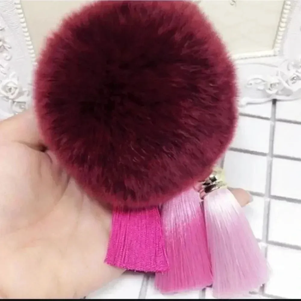 Multiple Colors Available - Fuzzy Fur Pom Pom Keychain Key with Tassels